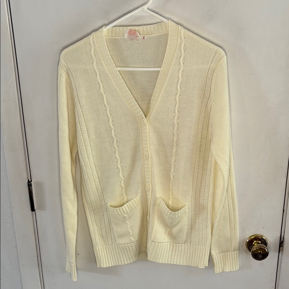 Vintage F.A.I. Cream v-neck button down cable knit cardigan Size Medium